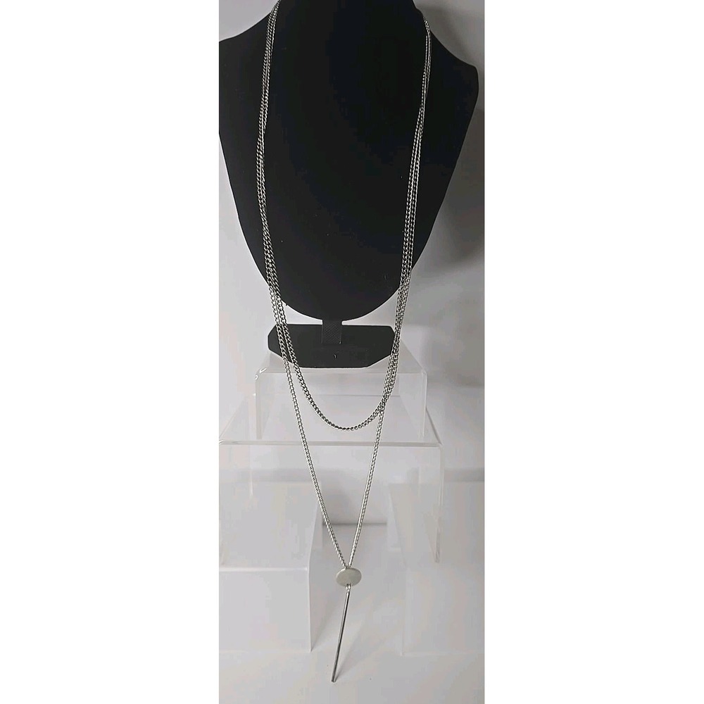 Silver-toned Lariat Necklace with a disc and bar drop pendant Layered